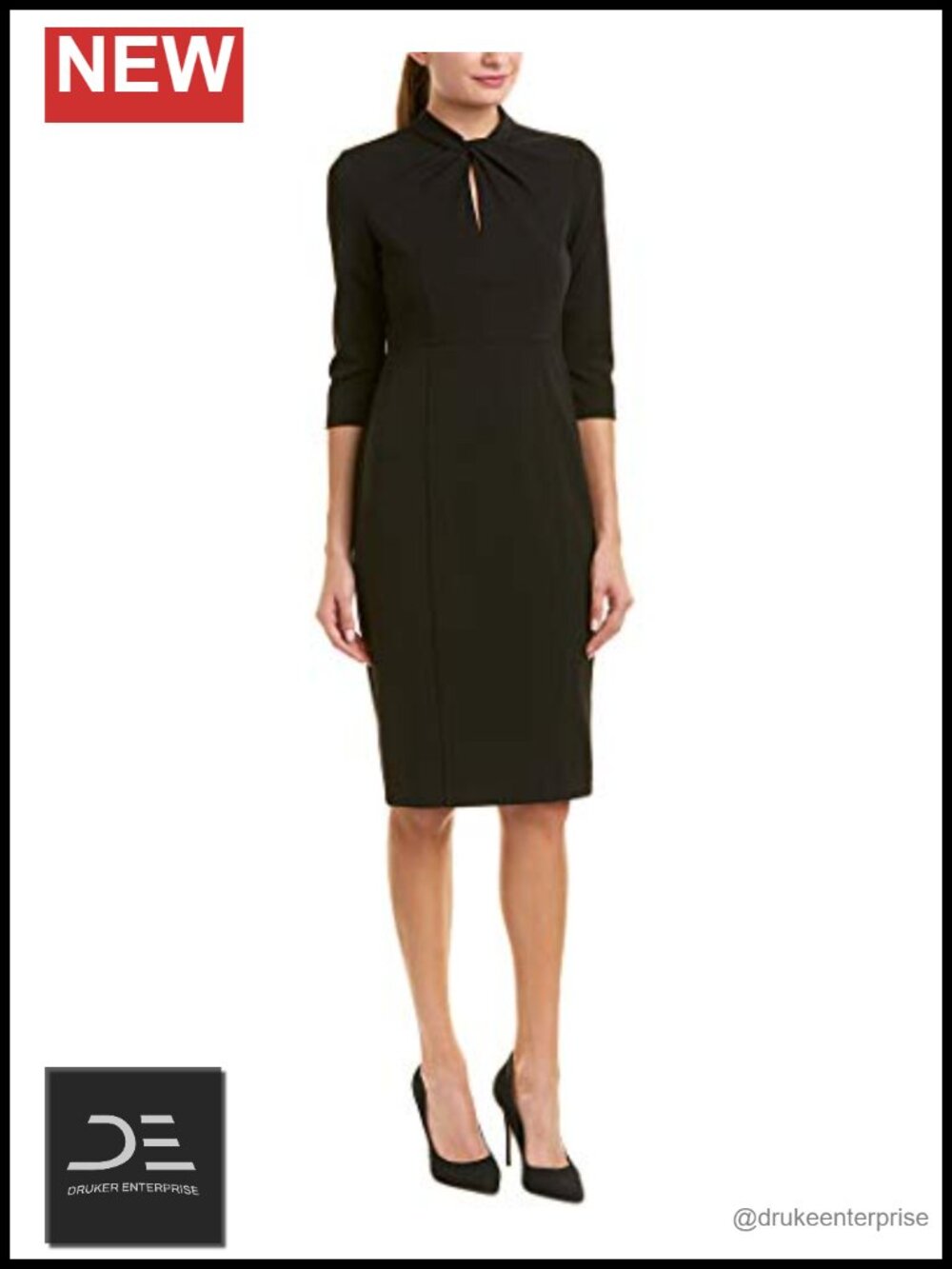 Stretch Crepe 3/4 Sleeve Twisted Neckline Sheath Work Dress